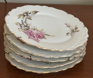 6 Pcs Vintage Porcelain Gold Rimmed Plates With Pink Roses, 8' Diam.