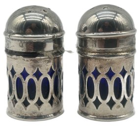 Pair Vintage K&M Silver Plate Salt & Pepper Shakers With Cobalt Blue Inserts