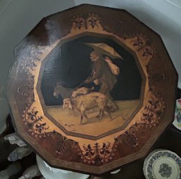19thC 12-SIded Tilt Top Tea Table, INCREDIBLE Marquetry Inlay Man Walking Goats, Signed, 25' Diam. X 26'H