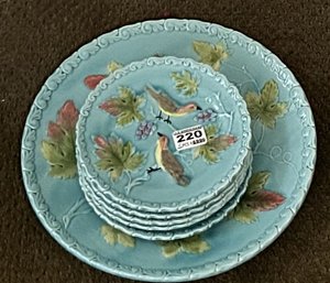 5 Pcs Antique Victorian Blue Majolica Plate With Birds, Large 11.25' Diam. & 4 Smaller 6.5' Diam.
