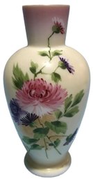 Vintage Hand-Painted Bristal Milk Glass Vase With Highly Detailed Floral Design, 5' Diam. X 9.25'H