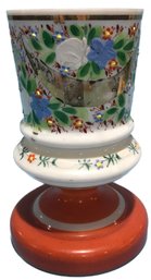 Antique Enameled Milk Glass Footed Trophy Cup Vase With Raised Enameled Design, 5' Diam. X 7.5'H