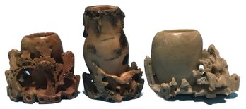 3 Pcs Medium Chinese Soapstone Vases 2-Brown 5' X 2' X 4' & 4' X 2' X6' & 1 Cream 6' X 2.5' X 6.75'H
