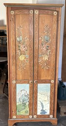 Vintage 2-Door Solid Wood Wardrobe With Interior Pegs And 4-Shelves And Bavarian Decoration By NH Artist