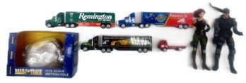 7 Pcs Vintage Toys - 3 Trucks & Trailers, 2 Action Figures And Scale Motorcycle