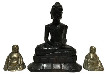 3 Pcs SM Antique Buddhist Figures, 2-Brass Hotei 1.5 X 1 X 1.5H & 1-Meditating Wooden Priest 3.5 X 2 X 3.25'H