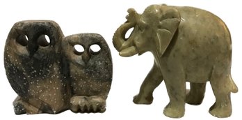 2 Pcs Vintage Carved Chinese Soapstone Animals 1-Pair Of Owls 3' X 1' X 2.75'H & Elephant 3.75' 1.75' X 3'H