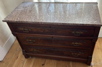 Antique Victorian Walnut 3-Drawer Chest With Brown Marble Top, 41.25' X 19.5' X 29'H