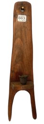 Wooden Boot Jack Converted To Unusual Wall Mounted Candle Sconce, 5' X 18.25'H