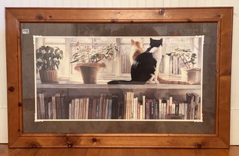 Large Vintage Pine Framed Matted Print Of 2 Cats In Library With Books, 43.5' X 27.25'H