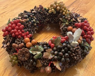 Vintage Table Top Wreath With Pine Cones, Grapes & Dove, 17' Diam. X 6.5'H