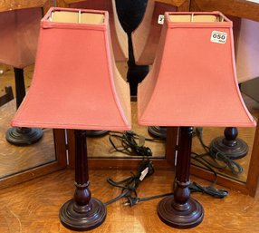 2 Pcs Matched Pair Table Lamps With Square Pink Shades, 9.75' Sq, X 21.5'H