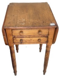 Primitive Antique 2-Drawer Dropleaf Work Stand On Turned Legs, 17.25' X 18' X 28.5'H (Open 34' X 18')