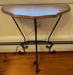 Sturdy Demilune Lamp Stand With Shaped & Beveled Atop Curved Wrought Iron Base, 24' X 11.5' X 25'H