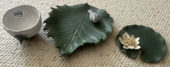 3 Pcs Pottery 2-Lilly Pads And Cup With Applied Leaf, Largest 9' X 10', Pencil Signed S. Cornwell