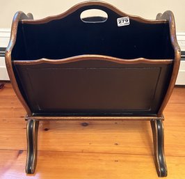 Vintage Black And Gold Wooden Shield End Magazine Rack On Curved Raised Feet, 16' X 10.5' X 17'H