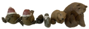 6 Pcs Miniature Animals, Bear & Beaver Signed S. Cornwell, 2 Chicks In Red Caps & 2 Inuit Carved Water Fowl