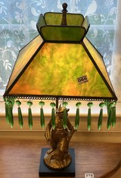 Vintage Brass Figural Lamp With Green Slag Glass Table Lamp And Hanging Green Prisms, 12'Sq X 20.5'H