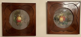 2 Pcs Antique Framed Lithographs Of Apples In Incredible Carved Walnut Frame-Round Glass & Square Frame, 16'sq