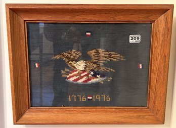 Framed American Eagle Bicentennial Needle Point In Pine Frame Under Glass, 17' X 13.5'