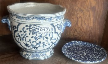 3 Pcs Hand Painted Blue & White Cache Pot With Side Handles 7.5' Diam. X 9' X 6.5'H & 2-Chinese  Floral Plate