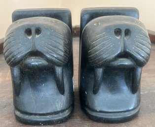 Pair Black Carved Stone Walrus Bookends, Canadian Eskimo, Inuit, 7.5' X 3' X 5'H