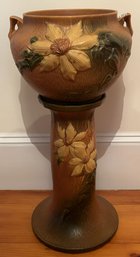 Vintage Roseville Clematis 1944 Vintage Art Pottery Brown Jardiniere And Pedestal 667-8