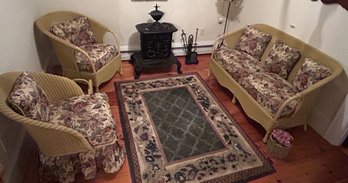 4 Pcs Yellow Wicker Sofa & 2 Chairs With Floral Cushions & Skirting & Magazine Rack - Sofa 51' 25' X 30'H