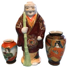 3 Pcs Vintage Japanese Moriage Immortals 2-Vases & Sake Bottle
