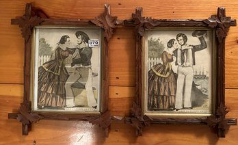 2 Pcs Pair Similar Antique Victorian Courting Prints In Arts & Craft Oak Leaf Frames, 13.35' X 15'H