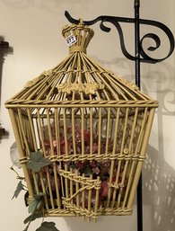 Vintage Yellow Wicker Bird Cage Hanging On Black Iron Stand, 12' X 19' X 61'H