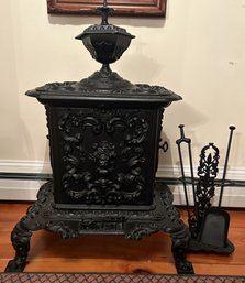 Antique 1849 Cast Iron Parlor Stove & Matching Fireplace Set, Waverly Air-Tight Low & Hicks, 24' X 18' X 37'H