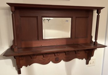 Antique 2-Level Walnut Fireplace Mantle With Beveled Mirror & Turned Columns, 42' X 9' X 24'H