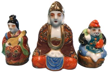 3 Pcs Vintage & Antique Japanese Porcelain Moriage Decorated Seated Figures