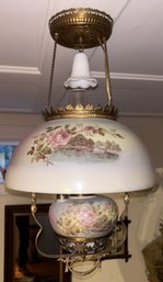 Gorgeous Antique Victorian Hanging Electrified Kerosene Lamp With Painted Shade & Font, 13.5' Diam. X 23'H
