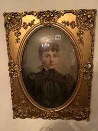Antique Female Portrait In Wonderful Carved Plaster Rectangular Frame, 19' X 24'H
