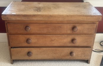 Antique Primitive 3-Drawer Chest With Round Wooden, Dovetailed Top & Sides, Knob Pulls, 37.25' X 18.5' X 24'H