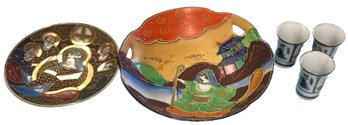 5 Pcs Vintage Japanese Porcelains, 2-Moriage Decorated Immortals Bowls & 3 Sake Cups