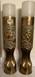 Antique Pair SIGNED Brass Repousse Column Candle Stands, 3.25' Diam. X 13.5'H