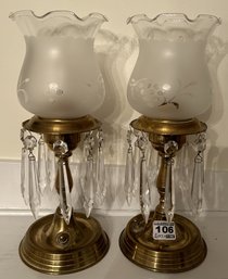 Vintage Pair Brass Candle Holders With Etched Shades And Hanging Prisms, 4' Diam. X 11'H