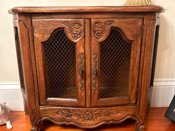 Elegant Vintage French Country Carved 2-Door Side Cabinet With Wire Inserts, 39' X 12' 30'H