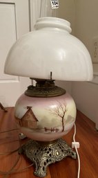 Antique Brass Footed Electrified Kerosene Lamp With Milk Glass Shade & Hand Painted Font, 10' 6' X 19'H