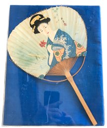 Vintage Framed Japanese Hand Painted Paper And Bamboo Hand Fan On Blue Silk Background, 11.25' X 14.25'