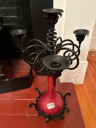 Black Wrought Iron 4-Lite Candle Stand With Red Glass Font, 11' Diam. 7' X 19'H