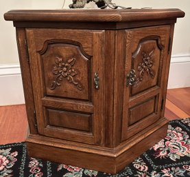 MCM French Oak Hexagon 6-Sided 2-Door Side Table With Carved Raised Panels 27' Diam. X 20'H