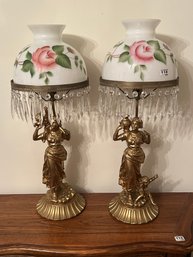 2 Pcs Matched Pair Electrified Metal Female Figure Table Lamp Hand Painted Milk Glass Shade With Prisms