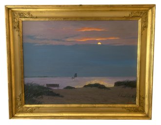 2019 Oil On Canvas By David Schock, Nice Gold Framed And Lighted Beach Scene At Sunset, 29' X 23'H