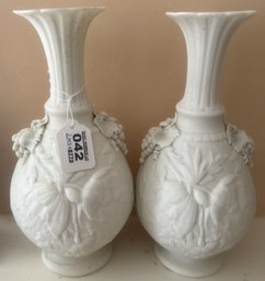 2 Pcs Matched Pair White Parian Vases In Floral Design With Applied Grape & Leaf Clusters, 5.5' Diam. X 10.75'