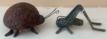 2 Pcs Small Cast Iron Lady Bug In Old Red Paint, 4' Diam. X 2'H And Metal Grass Hopper In Green Paint