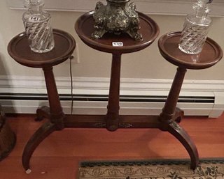 Unusual Antique 3-Shelf Lamp & Plant Stand On Turned Columns W/Brass Accents & Curved Legs, 34.5' X 13' X 28'H